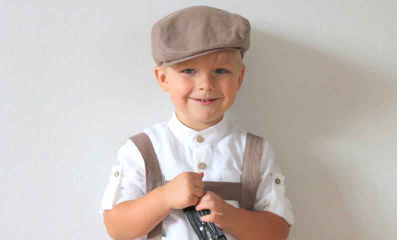 Newsboy cap, baby boy brown flat hat, page boy linen hat, toddler herringbone image 1