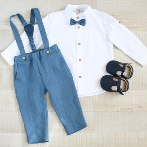 Page boy blue suit set, Baby linen carrier pants, toddler shirt, baptism suspender outfit