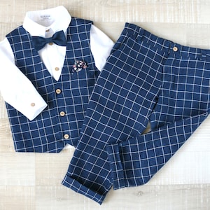 Page boy blue plaid suit set, Boys vest, Pants, Shirt, Bow tie, Toddler suit set