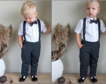 Boy linen carrier pants + bow tie, Toddler pants with suspenders, Pants with straps, Page boy long pants