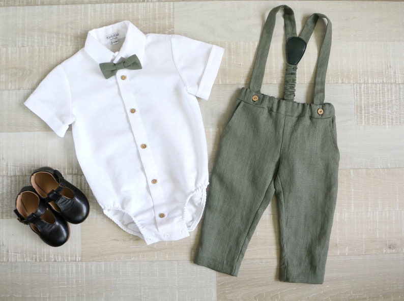 Baby boy olive green suit set, Page boy vest, pants, shirt, Ring bearer suit image 6