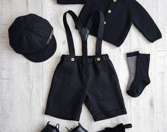 Pantaloncini di lino con spalline, pantaloncini con bretelle per bambini, abito da cerimonia e da sposa