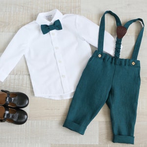 Ringträger türkis Anzug, Jungen Leinen Trägerhose mit Trägern, Taufe Straps Outfit