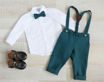 Ring bearer turquoise suit, boy linen carrier pants with straps, baptism suspender outfit