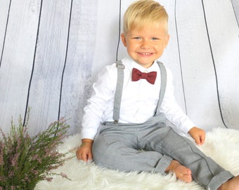 Page boy pants with straps, Toddler shirt + pants+ bow tie + straps, Ring bearer suit set