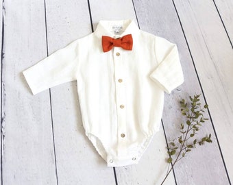 Boys shirt b, white bodysuit, newborn classic, long sleeve linen shirt