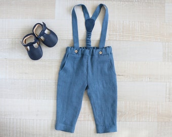 Baby boy old blue carrier pants, toddler trousers with suspenders