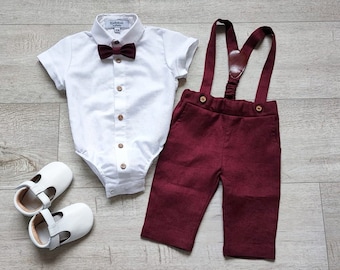 Body couleur bordeaux pour bébé garçon + pantalon long avec bretelles + nœud papillon, tenues de mariage pour bébé