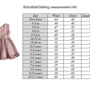 May include: A chart showing size measurements for a dress in inches. The chart includes measurements for waist, chest, and length (knee). The sizes range from newborn to 10-11 years.