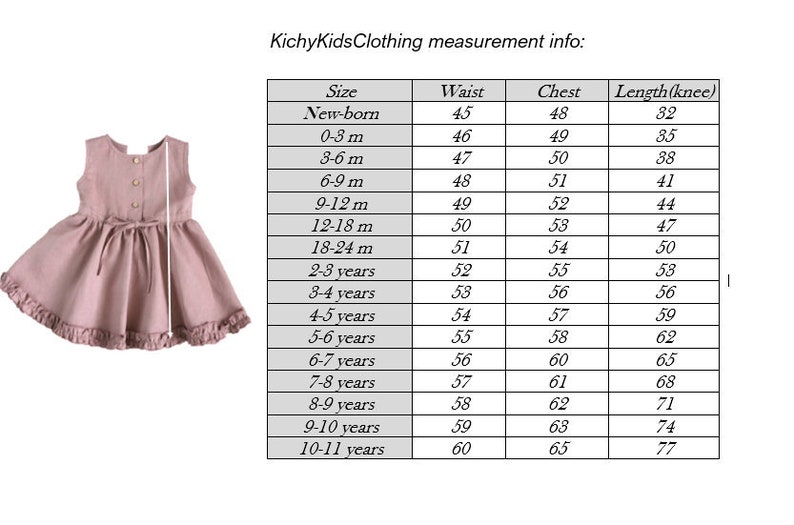May include: A chart showing size measurements for a dress in inches. The chart includes measurements for waist, chest, and length (knee). The sizes range from newborn to 10-11 years.