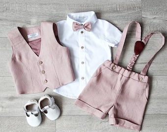 Baby boy rose gold suit set a, Baptism shorts with straps, vest, shirt