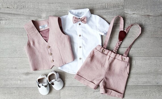 Ensemble costume or rose pour bebe garcon short de bapteme a bretelles gilet chemise Etsy France