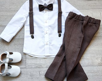 Boys dark brown pants, shirt + fly + straps, Vintage suit, Rustic outfit for boys, MANY colors