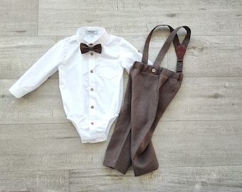 Baby boy body shirt + long pants with straps+ bow tie, Christening outfit