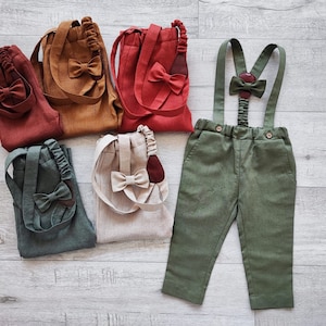 Boys long pants,  Many colors, Toddler carrier trousers + bow tie, Trousers with suspenders