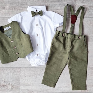 Baby boy olive green suit set, Page boy vest, pants, shirt, Ring bearer suit image 1