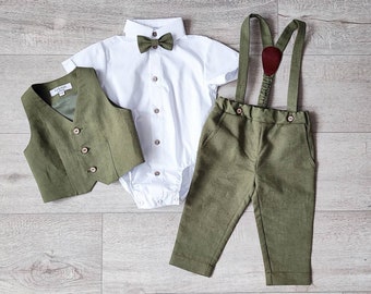 Ensemble costume vert olive pour bébé garçon, gilet page garçon, pantalon, chemise, costume pour porteur d'alliances