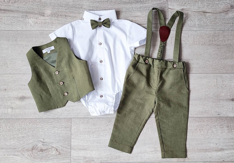 Baby boy olive green suit set, Page boy vest, pants, shirt, Ring bearer suit image 1