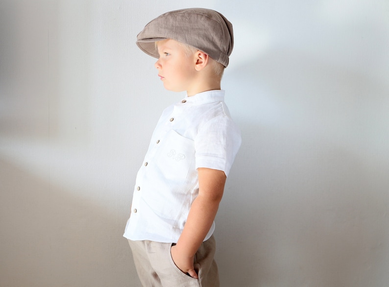 Newsboy cap, baby boy brown flat hat, page boy linen hat, toddler herringbone image 3