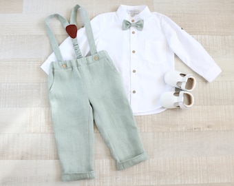 Page boy eucalyptus suit set, Baby linen carrier pants, toddler shirt, baptism suspender outfit