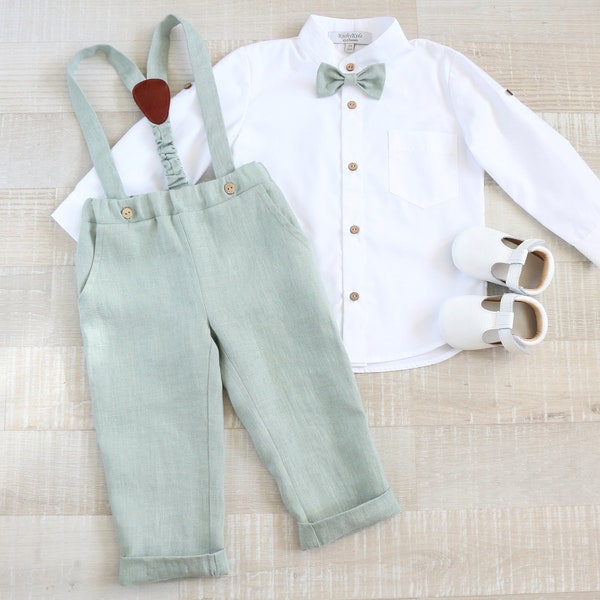 Page boy eucalyptus suit set, Baby linen carrier pants, toddler shirt, baptism suspender outfit