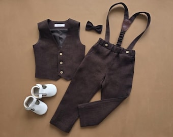 Boys dark brown outfit, Wedding clothes, Ceremonial pants with straps,vest