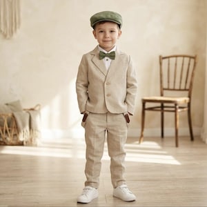Pagenjunge beige Anzug, Leinen Hochzeits-Outfits, Ringträger Jacke, Kinderanzug
