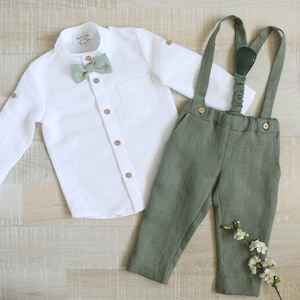 Page boy sage green suit set, Baby linen carrier pants, toddler shirt, baptism suspender outfit