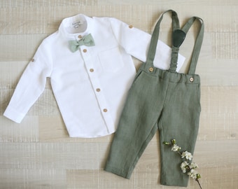 Page boy sage green suit set, Baby linen carrier pants, toddler shirt, baptism suspender outfit