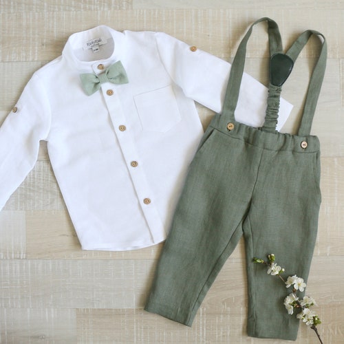 Ensemble costume vert sauge pour garçon, pantalon porte-bébé en lin, chemise pour tout-petit, tenue avec bretelles de baptême
