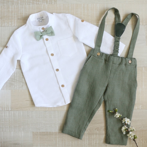Conjunto de traje verde salvia para paje, pantalón portabebé de lino, conjunto con tirantes para bautizo