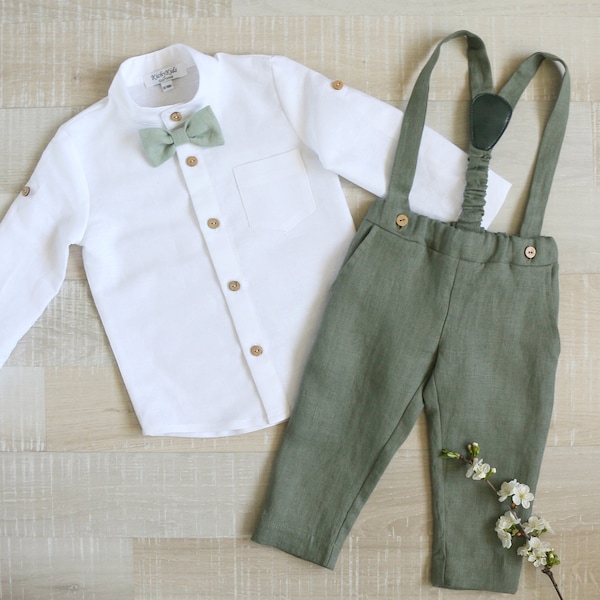 Pagen Junge salbei grün Anzug Set, Baby Leinen Trägerhose, Kleinkind Shirt, Taufe Träger Outfit