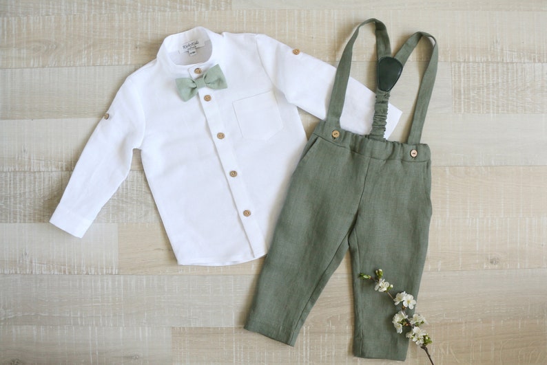 Page boy sage green suit set, Baby linen carrier pants, toddler shirt, baptism suspender outfit 