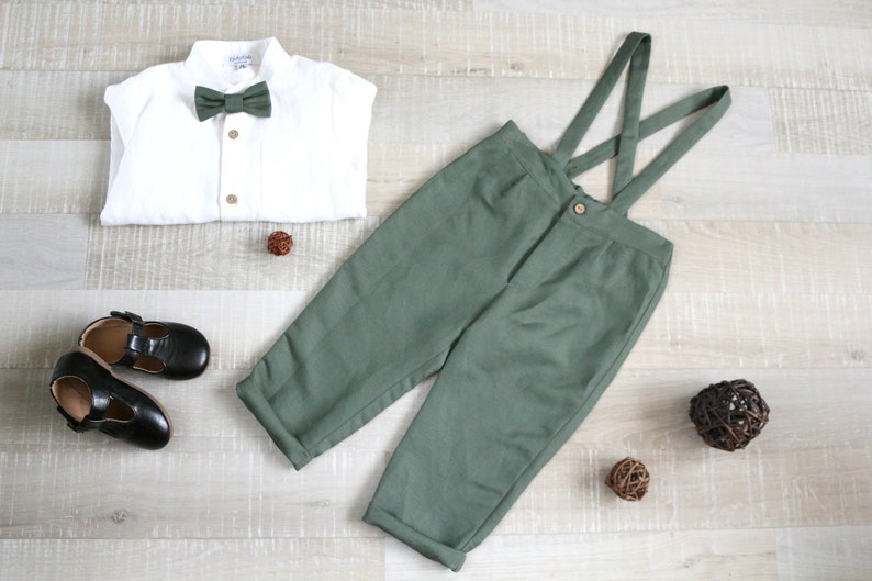 bow tie Kids fly Baptism toddler outfit Sage green children/'s pants High waist pants with linen shirt