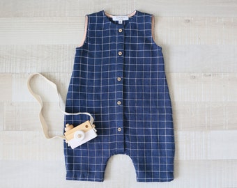 Linen plaid bodysuit, Unisex overalls a, sleeveless plaid romper