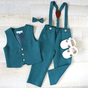 Baby boy green suit set, Dress shirt for boys, Page boy outfit, Vest, Shirt, pants, bow tie 9-Turquoise