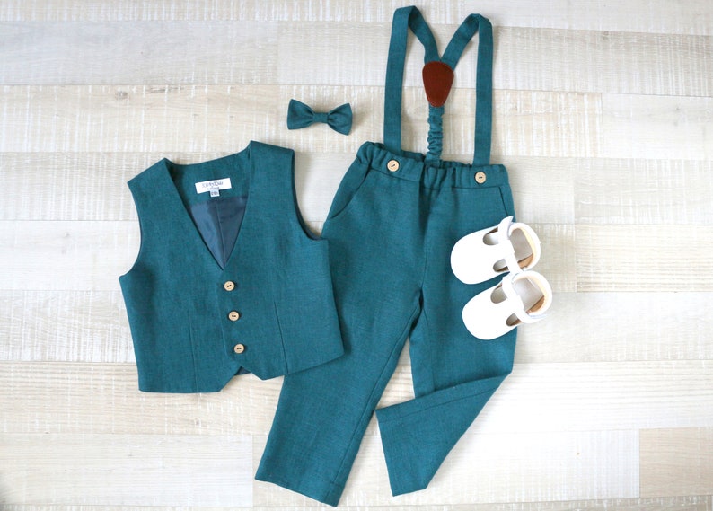 Baby boy green suit set, Dress shirt for boys, Page boy outfit, Vest, Shirt, pants, bow tie 9-Turquoise