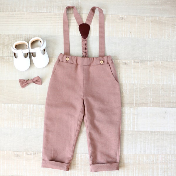 Boys dusty rose pants, toddler carrier trousers + bow tie, baby trousers with suspenders