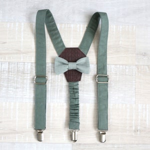 Kids tan with bow tie, suspenders with fly, baby straps, ring bearer toddler braces