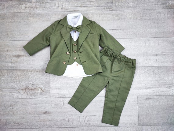 Olive Green Kids Suit Jacket for Boys Pants Vest Shirt Bow Tie Wedding Suit Set Etsy Ireland