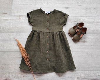 Girls khaki green dress, muslin button front dress, long sleeve garment, baby muslin dress