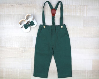 Boy green outfit Baby boy carrier pants + bow tie Toddler pants with straps Baptism pants Forest green clothes