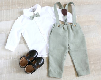 Page boy green suit set Baby boy linen carrier pants Baptism suspender outfit