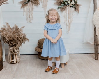 Girl's baby blue dresses, ruffle collar, toddler casual dress