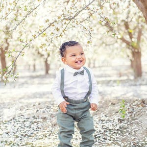 Boys sage green long pants with shirt, Kids page boy suit, Pants +shirt+ bow tie