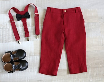 Boy linen carrier pants + bow tie+ suspenders, Toddler pants with straps, Page boy outfit