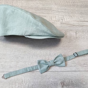 Boys green flat cap + bow tie, Herringbone hat, Fathers day gift, Newsboy sage green hat