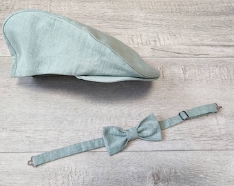 Boys green flat cap + bow tie, Herringbone hat, Fathers day gift, Newsboy sage green hat