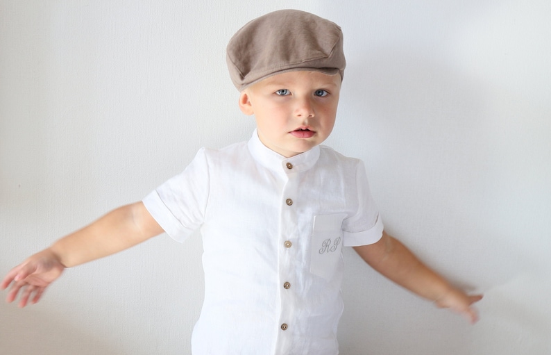 Newsboy cap, baby boy brown flat hat, page boy linen hat, toddler herringbone image 2