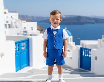 Completo blu cobalto per neonato, gilet, pantaloncini, maglietta per paggetto, set per paggetto